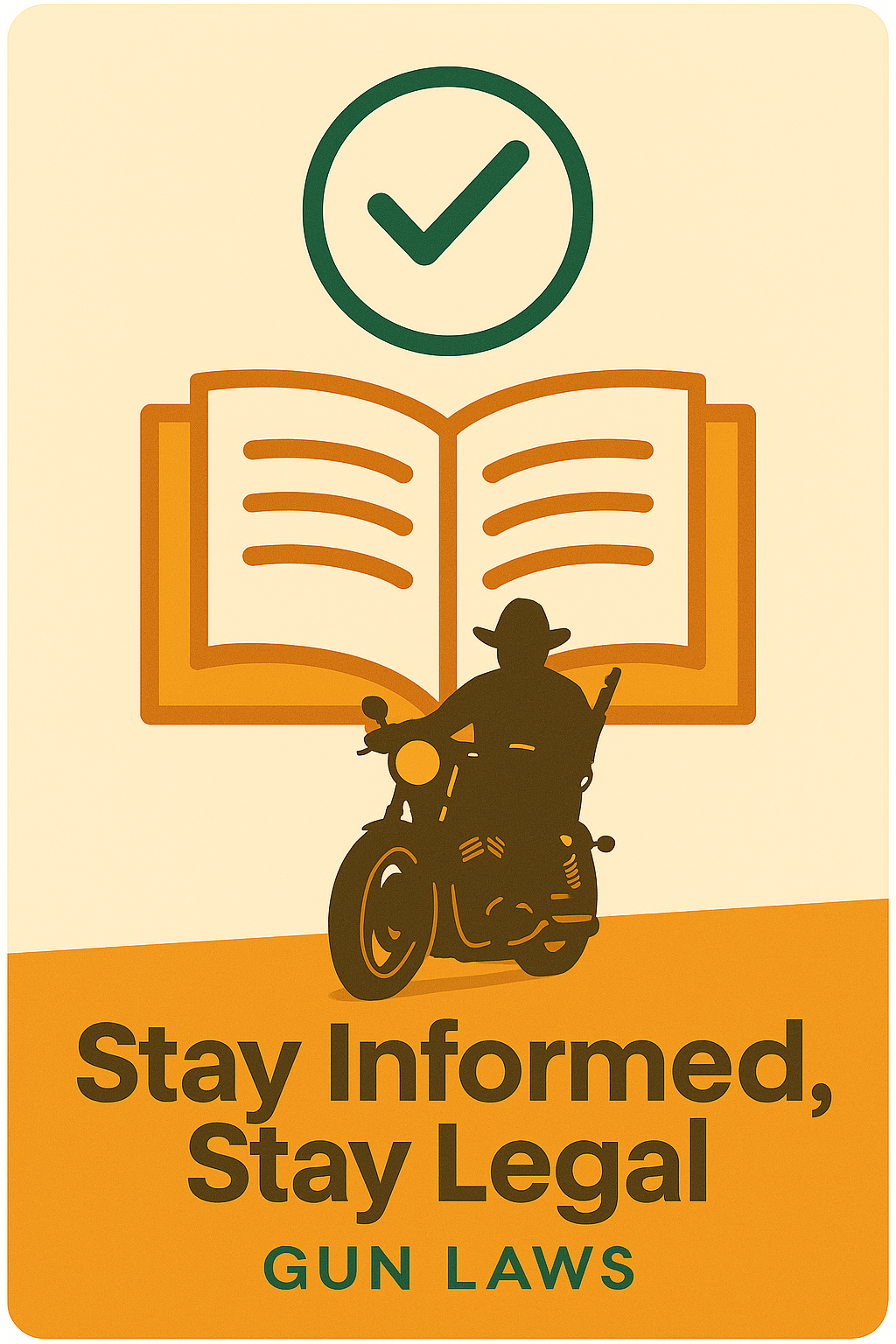 A stylized digital graphic of an open book labeled “Gun Laws” with a prominent green checkmark above it, symbolizing legal compliance, verified knowledge, and responsible firearm ownership.