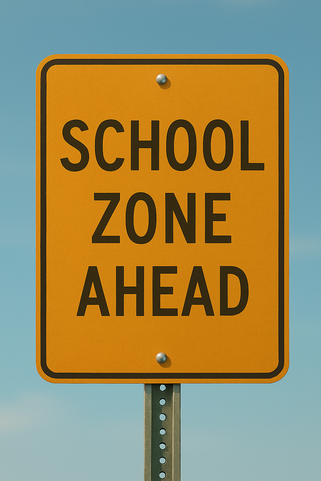 A rectangular yellow-orange road sign with bold black lettering that reads “School Zone Ahead,” mounted on a metal post against a clear blue sky—indicating a designated caution area for approaching school zones.