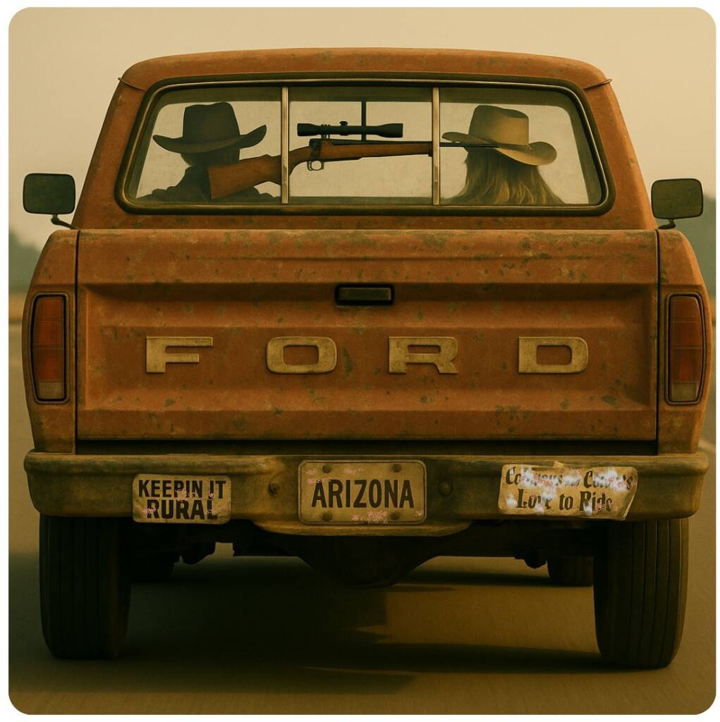 A weathered, rust-colored 1970s Ford pickup truck drives down a highway with a cowboy and cowgirl visible through the rear window. A scoped rifle is mounted inside the cab on a classic rear window gun rack. The truck's tailgate displays faded “FORD” lettering, an “ARIZONA” license plate, and bumper stickers reading “KEEPIN IT RURAL” and “Cowboys and Cowgirls Love to Ride