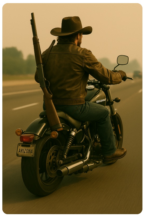 A cowboy rides a motorcycle down a highway in Arizona. He wears a brown leather jacket and wide-brimmed hat, with a rifle slung vertically across his back in a leather scabbard. The ARIZONA license plate is visible beneath the rear fender as he cruises along an open, sunlit road.