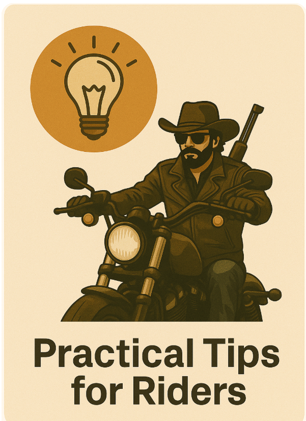 A stylized digital illustration featuring a glowing lightbulb icon labeled “Practical Tips for Riders,” with a silhouetted motorcycle rider integrated into the design, combining creativity and road-ready awareness.