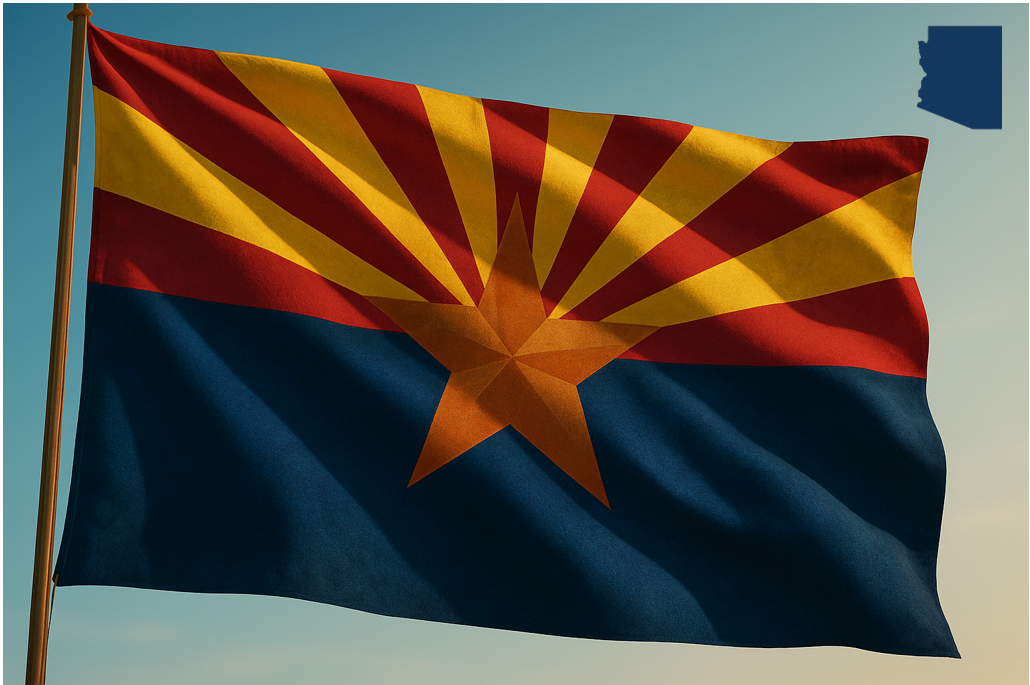A vivid digital rendering of the Arizona state flag waving against a clear sky, with a dark blue silhouette of the state of Arizona featured in the upper corner for added emphasis.