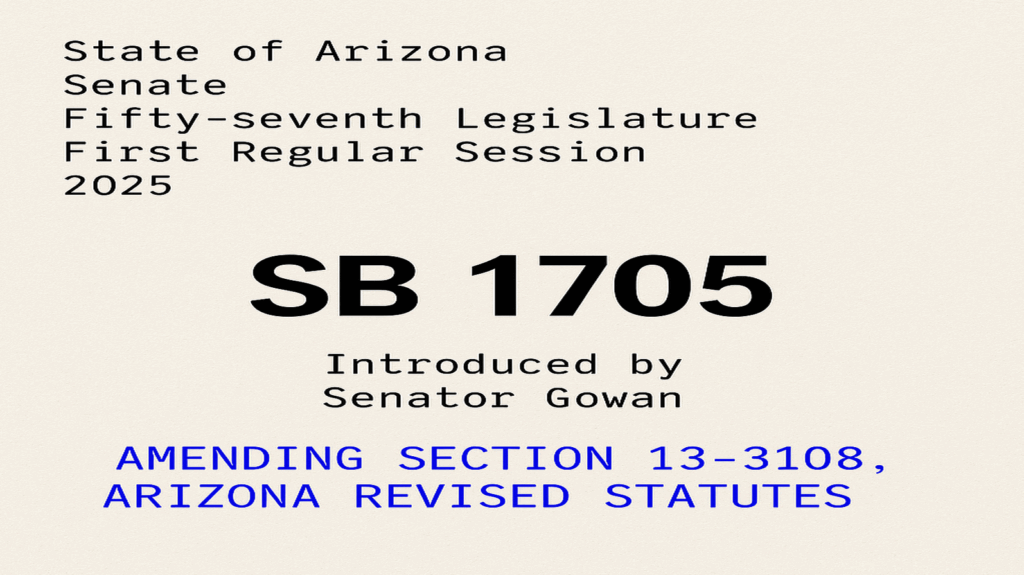 Title page of Arizona Senate Bill 1705 introduced in 2025 by Senator Gowan, proposing amendments to Arizona Revised Statute § 13-3108 regarding firearm preemption.